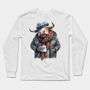 Cow wearing a jackets holding a cup coffee Long Sleeve T-Shirt